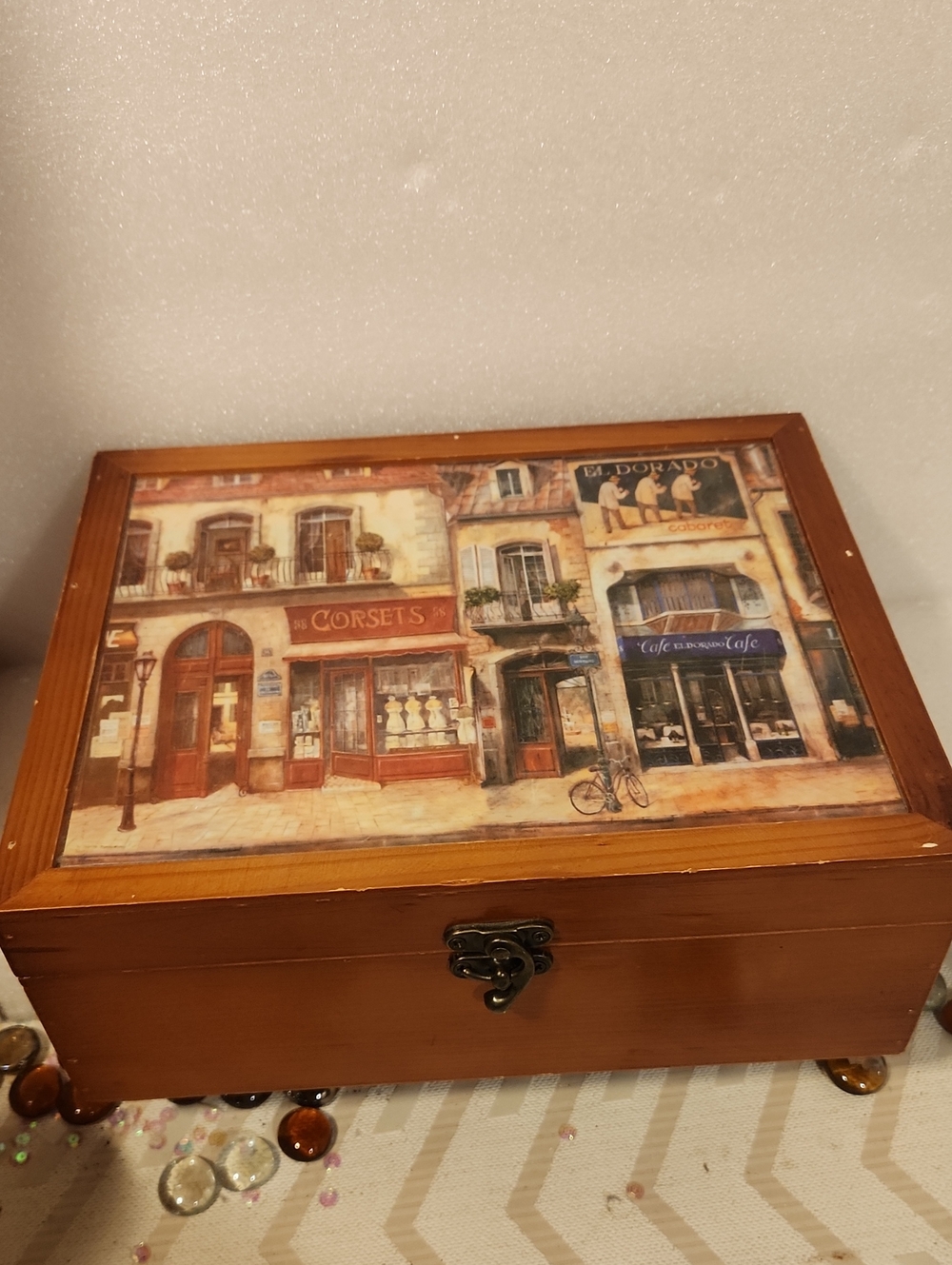 Vintage Brown Wooden Box with Parisian Shopfront Art